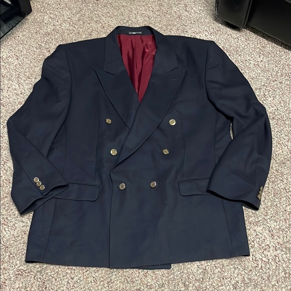 Oscar de la Renta Navy Double-Breasted Blazer with Burgundy Lining